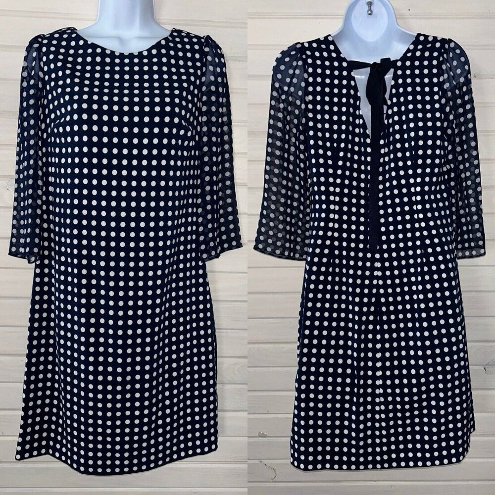 Karl Lagerfeld Paris Sz 4 Dress Navy Blue White Polka Dot Tie Back Ribbon EUC